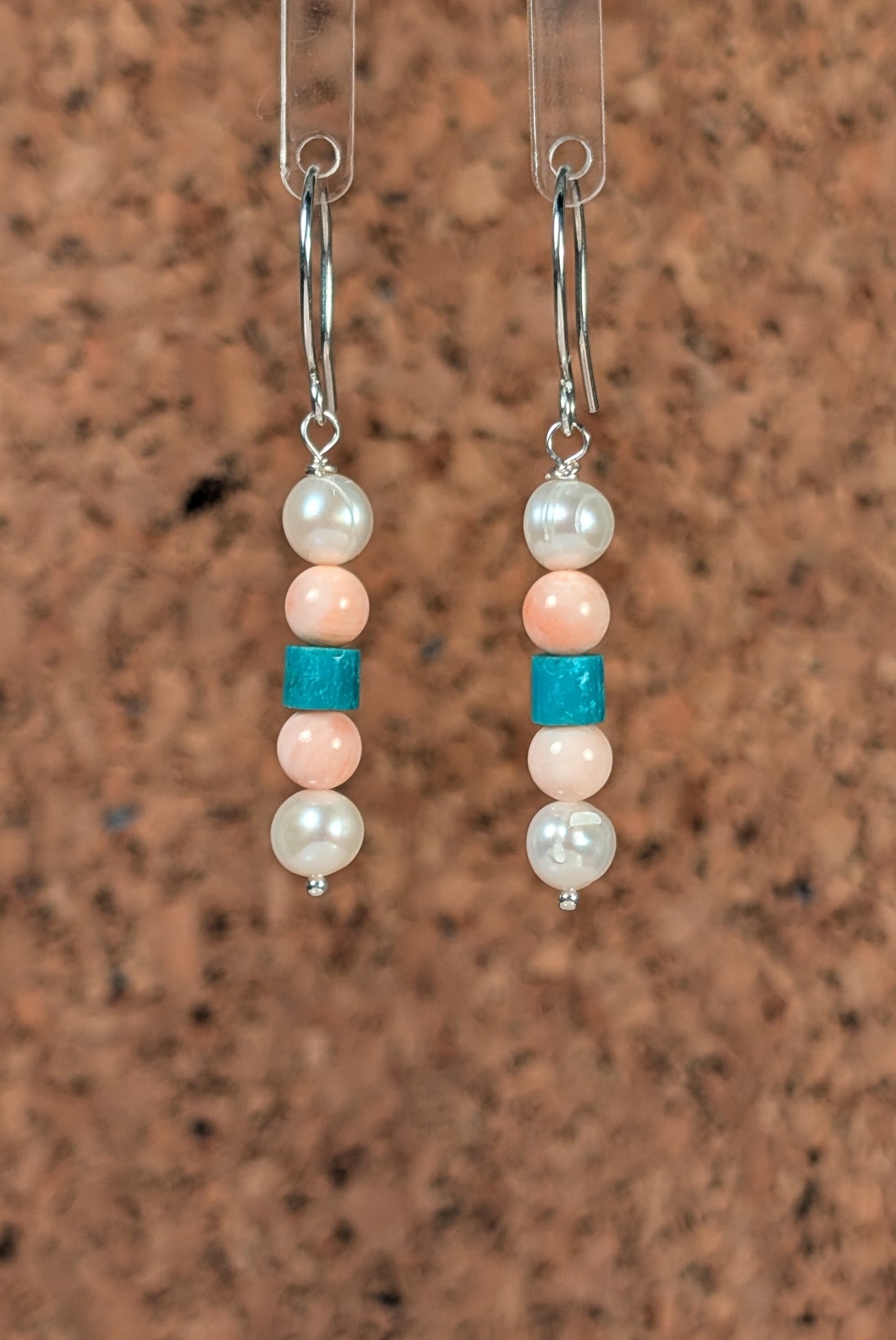 Freshwater Pearls, Salmon Skin Coral and Arizona Turquoise Earrings FE3