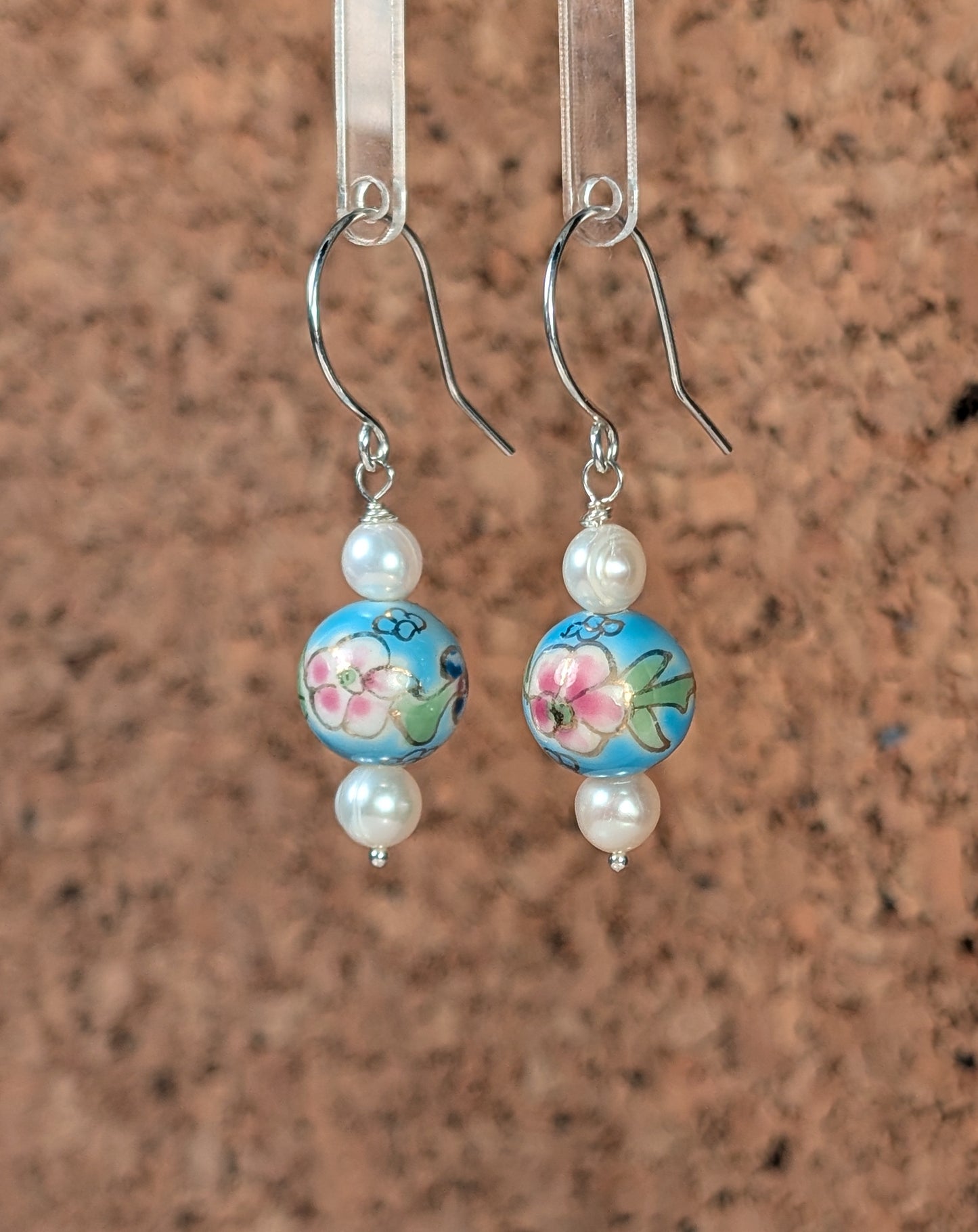 Antique Japanese Hand-painted Porcelain Beads and Freshwater Pearl Earrings FE4