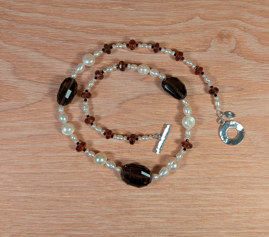 Hessonite Garnet, Freshwater Pearls, Smoky Quartz and Black Spinel Necklace FN35