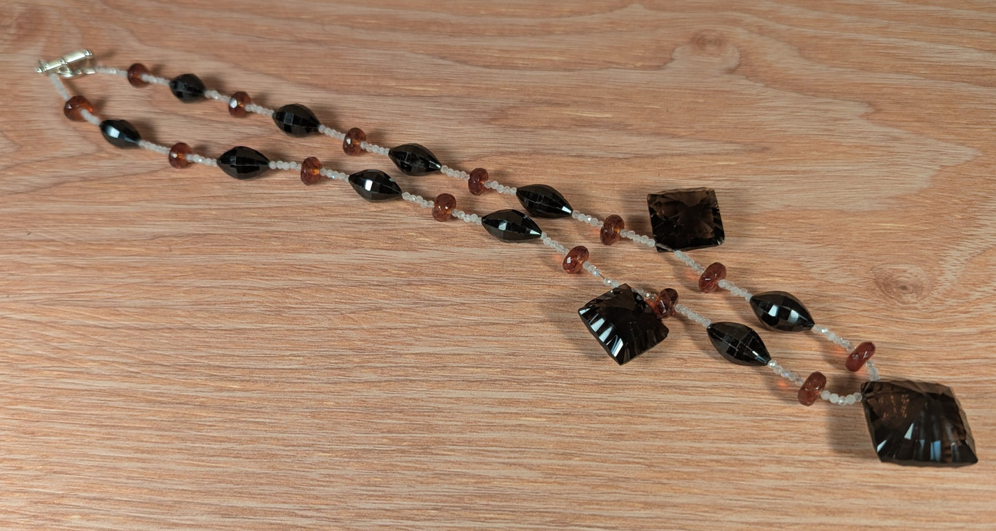 Smoky Quartz, Black Spinel, Hessonite Garnet and Rainbow Moonstone Necklace FN36