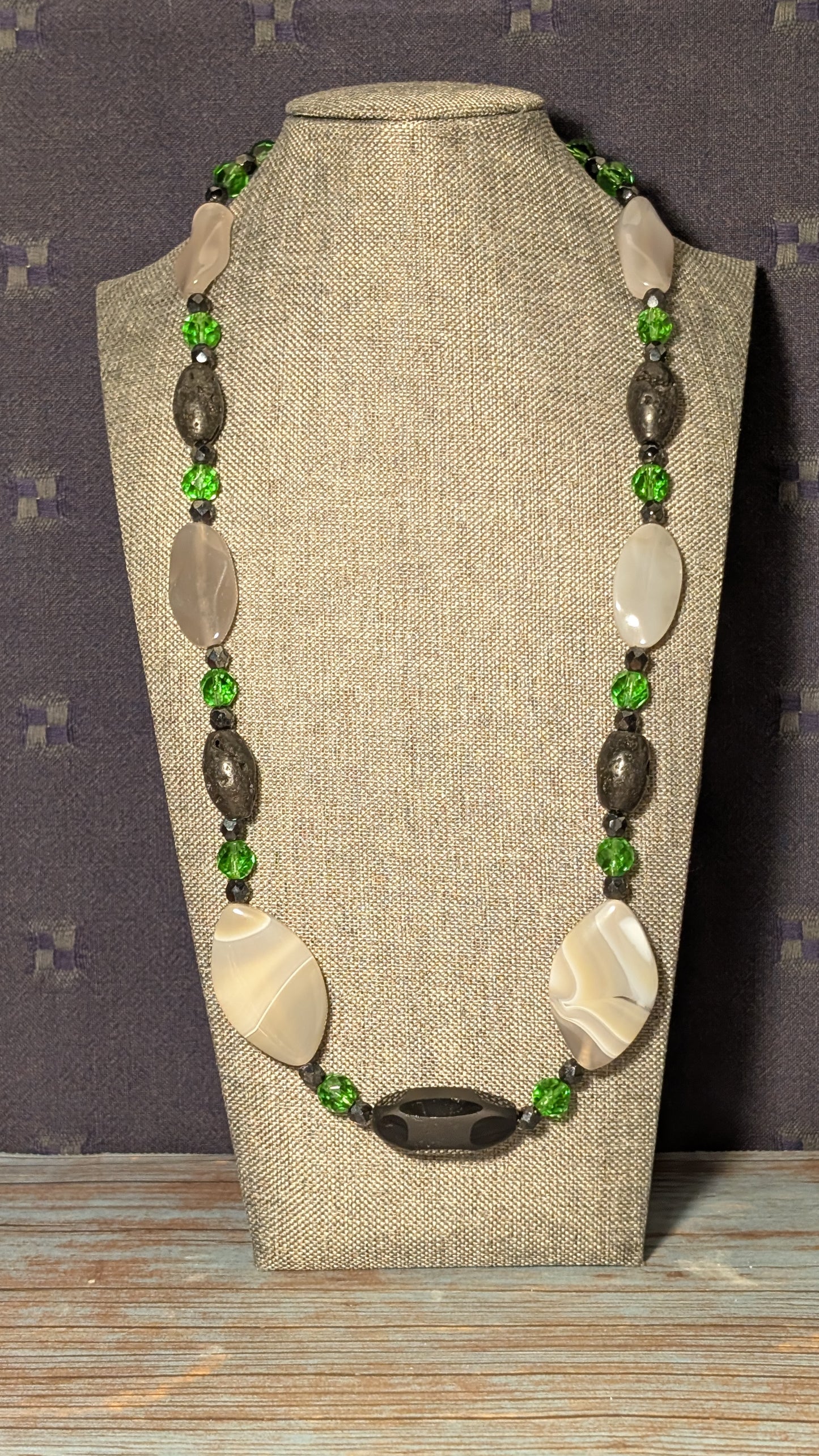 Botswana Agate, Onyx, Lava Stone and Glass with Alloy Clasp N15