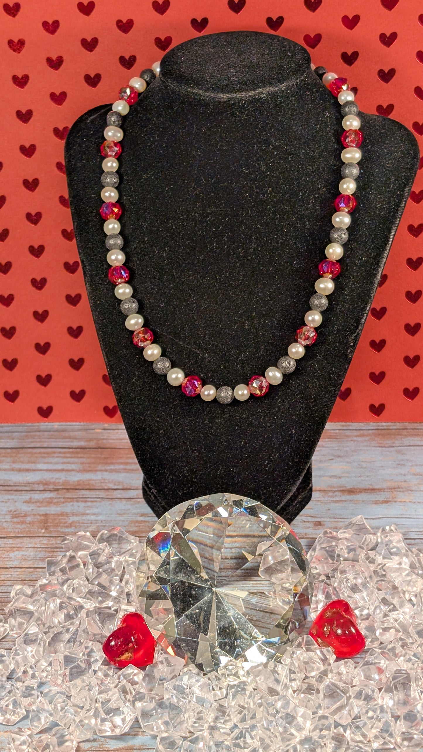 Red Faceted Electroplated Glass, Freshwater Pearls and Lava stone with Argentium Silver Clasp FN55