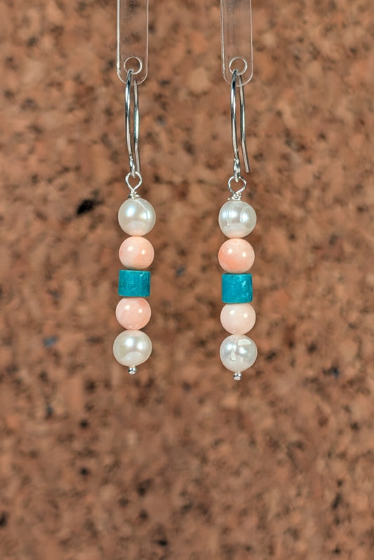 Freshwater Pearls, Salmon Skin Coral and Arizona Turquoise Earrings FE3