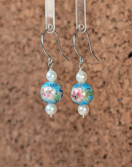 Antique Japanese Hand-painted Porcelain Beads and Freshwater Pearl Earrings FE4