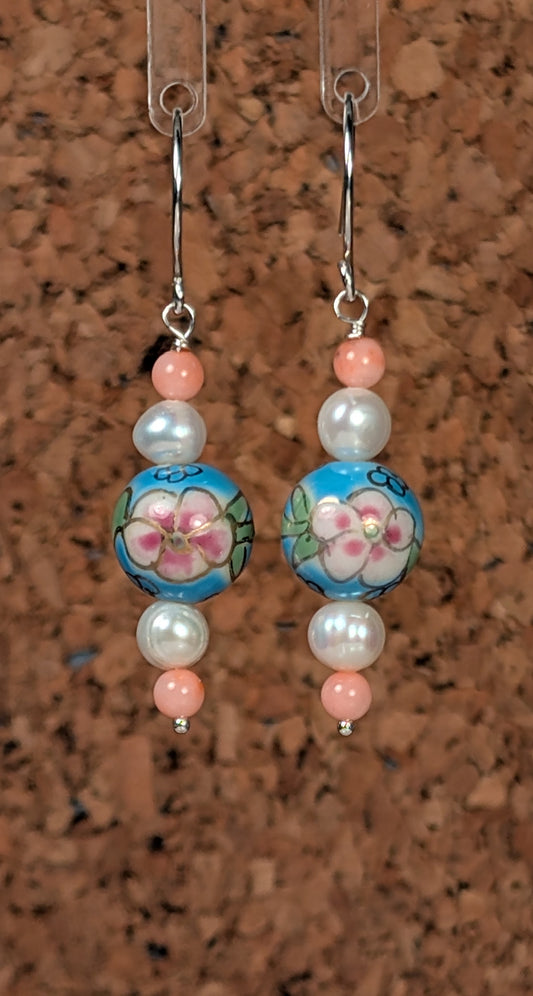 Antique Japanese Hand-painted Porcelain Beads, Freshwater Pearls and Salmon Skin Coral Earrings FE5