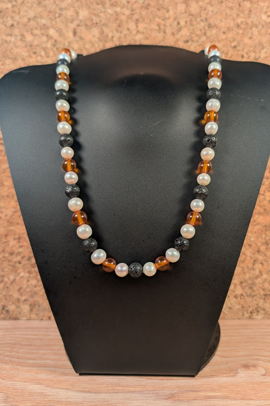 Freshwater Pearls, Baltic Amber and Lava Stone Necklace FN10