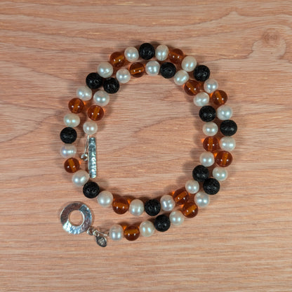 Freshwater Pearls, Baltic Amber and Lava Stone Necklace FN10