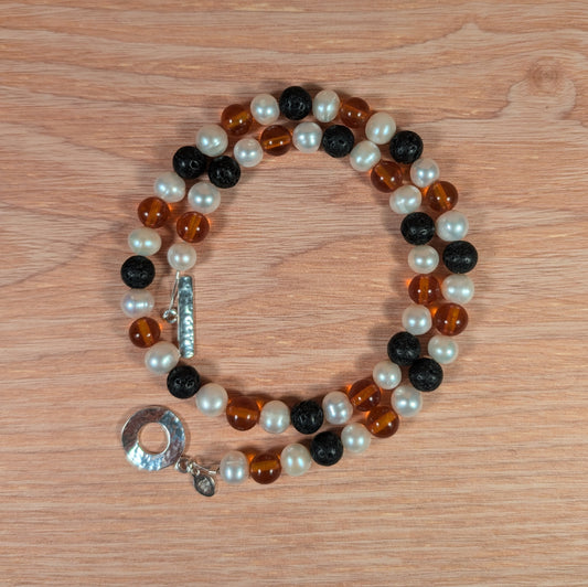 Freshwater Pearls, Baltic Amber and Lava Stone Necklace FN10