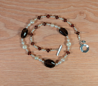 Hessonite Garnet, Freshwater Pearls, Smoky Quartz and Black Spinel Necklace FN35