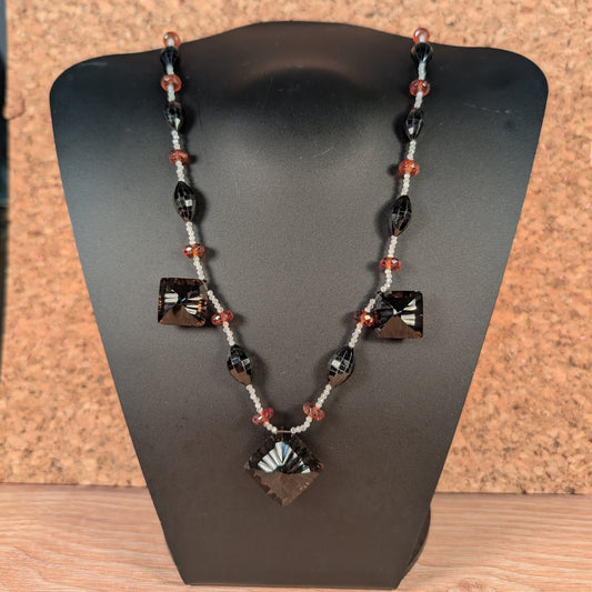 Smoky Quartz, Black Spinel, Hessonite Garnet and Rainbow Moonstone Necklace FN36