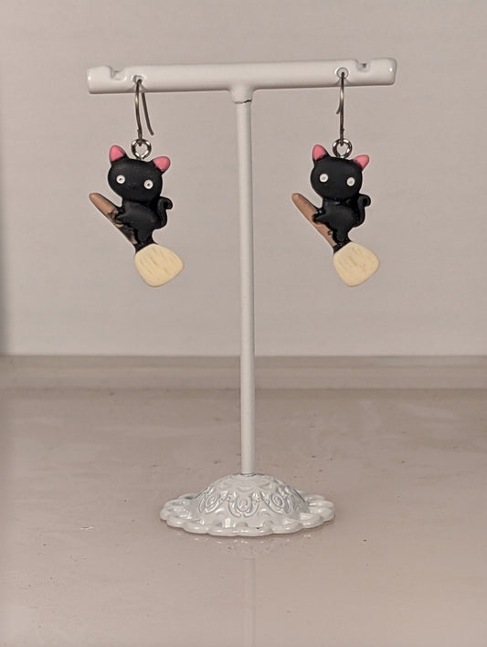 Halloween Cat on Broom Earrings HCB