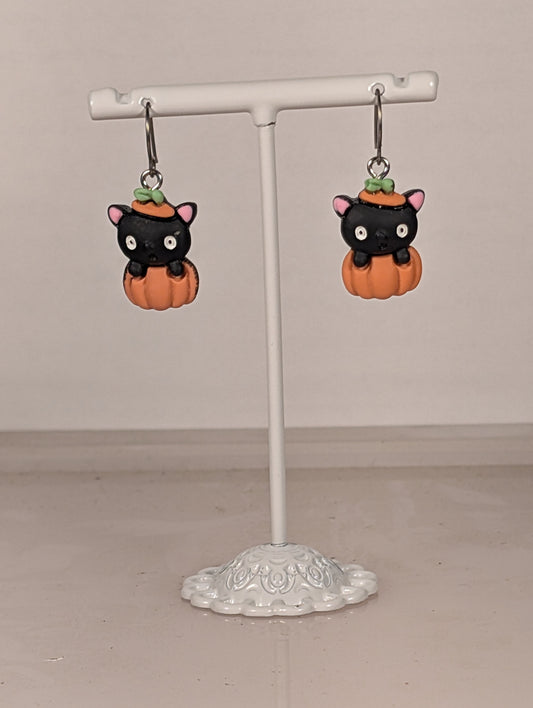 Halloween Cat in Pumpkin Earrings HCP