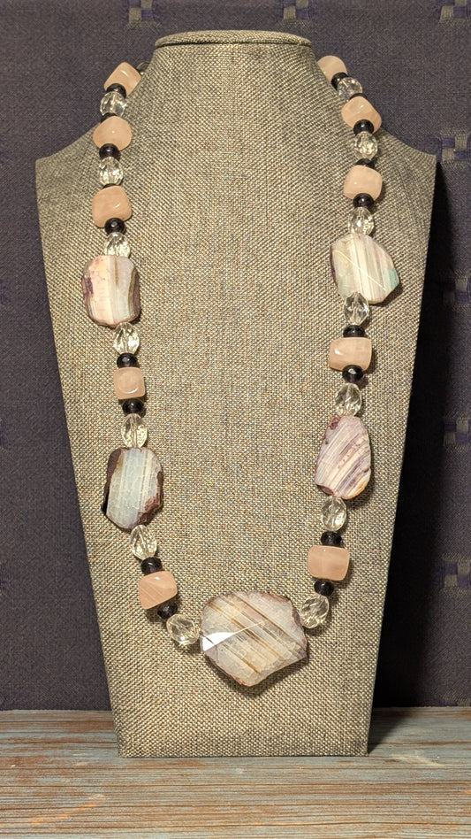 Agate, Rose Quartz and Glass with Alloy Clasp N13