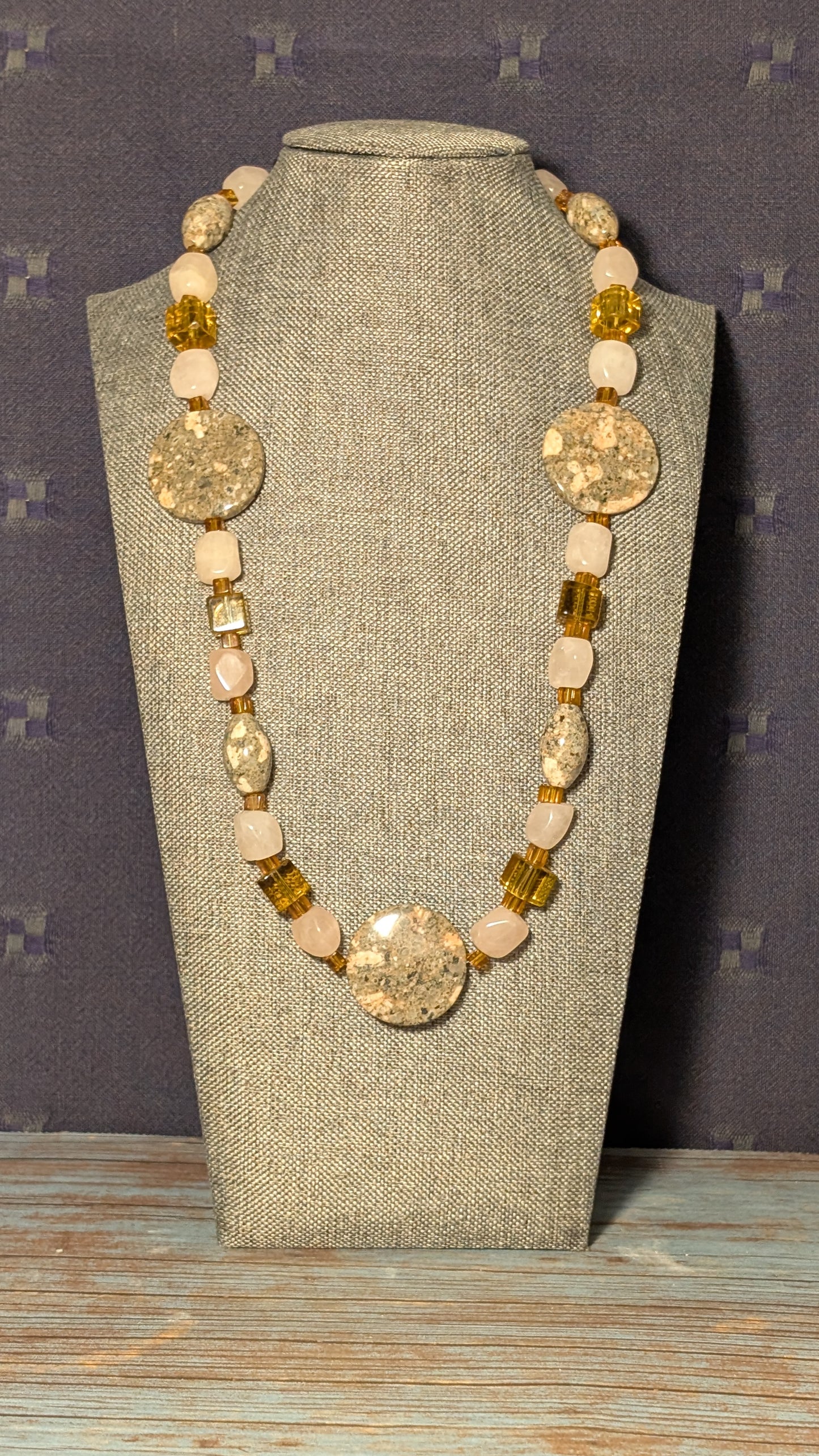 Granite, Rose Quartz and Glass with Alloy Clasp N18