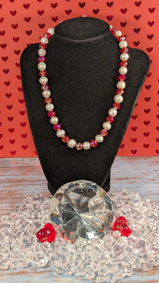 Red Faceted Electroplated Glass and Freshwater Pearls with Argenitum Silver Clasp FNRW