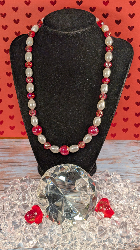 Red Faceted Electroplated Glass, Red Pearlized Lampwork and Freshwater Pearls with Argentium Silver Clasp FN51