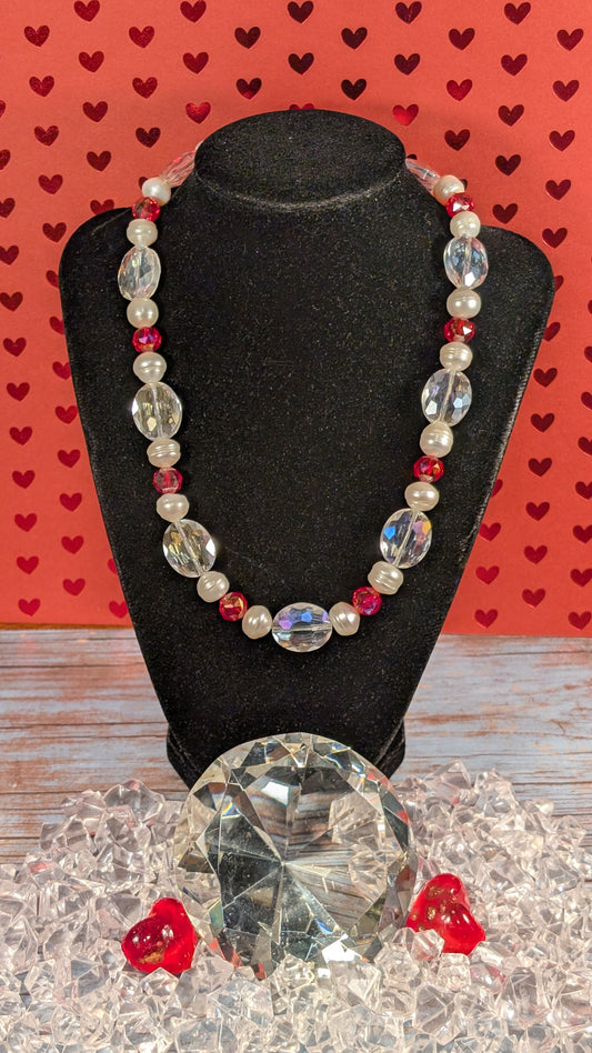 Red and Clear Faceted Electroplated Glass, Freshwater Pearls with Argentium Silver Clasp FN50