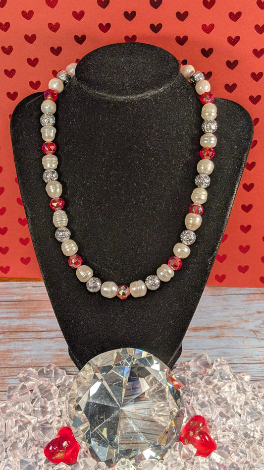 Red Faceted Electroplated Glass and Electroplated Lava Stone with Freshwater Pearls FNSR