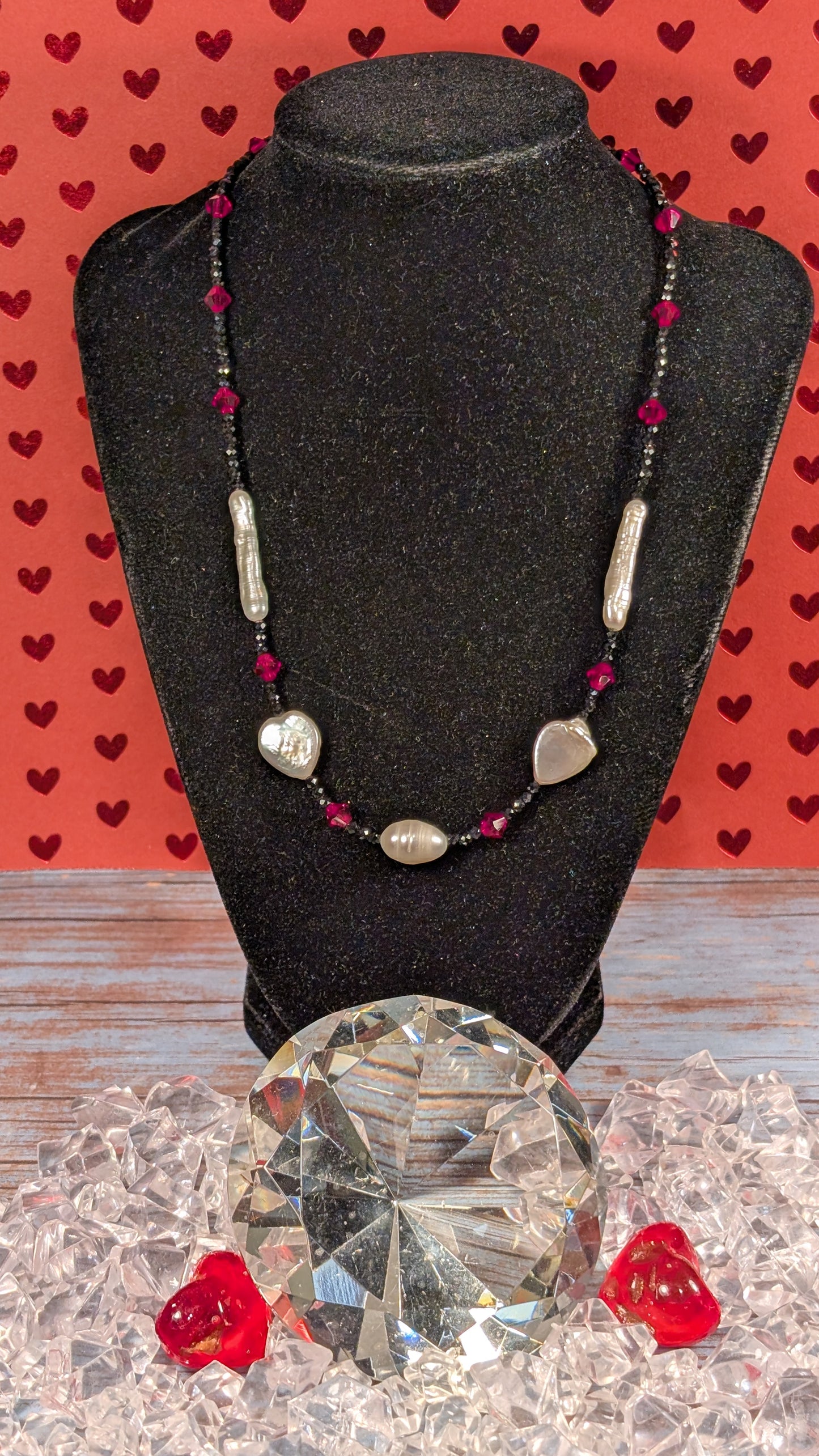 Freshwater Pearls, Black Spinel and Austrian Crystal with Argentium Silver Clasp FN56