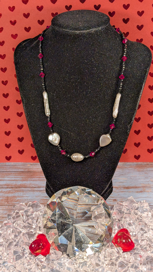 Freshwater Pearls, Black Spinel and Austrian Crystal with Argentium Silver Clasp FN56