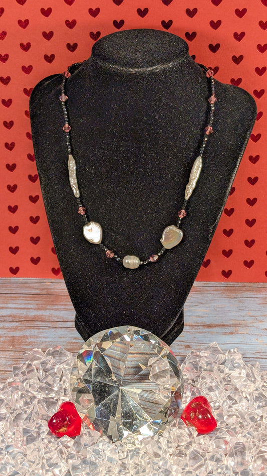 Freshwater Pearls, Black Spinel and Austrian Crystal with Argentium Silver Clasp FN56